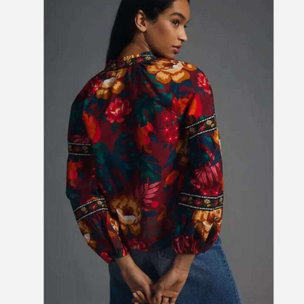 NEW Farm Rio Anthropologie XS V-Neck Poplin Blouse Top Floral Nwt - Picture 4 of 6